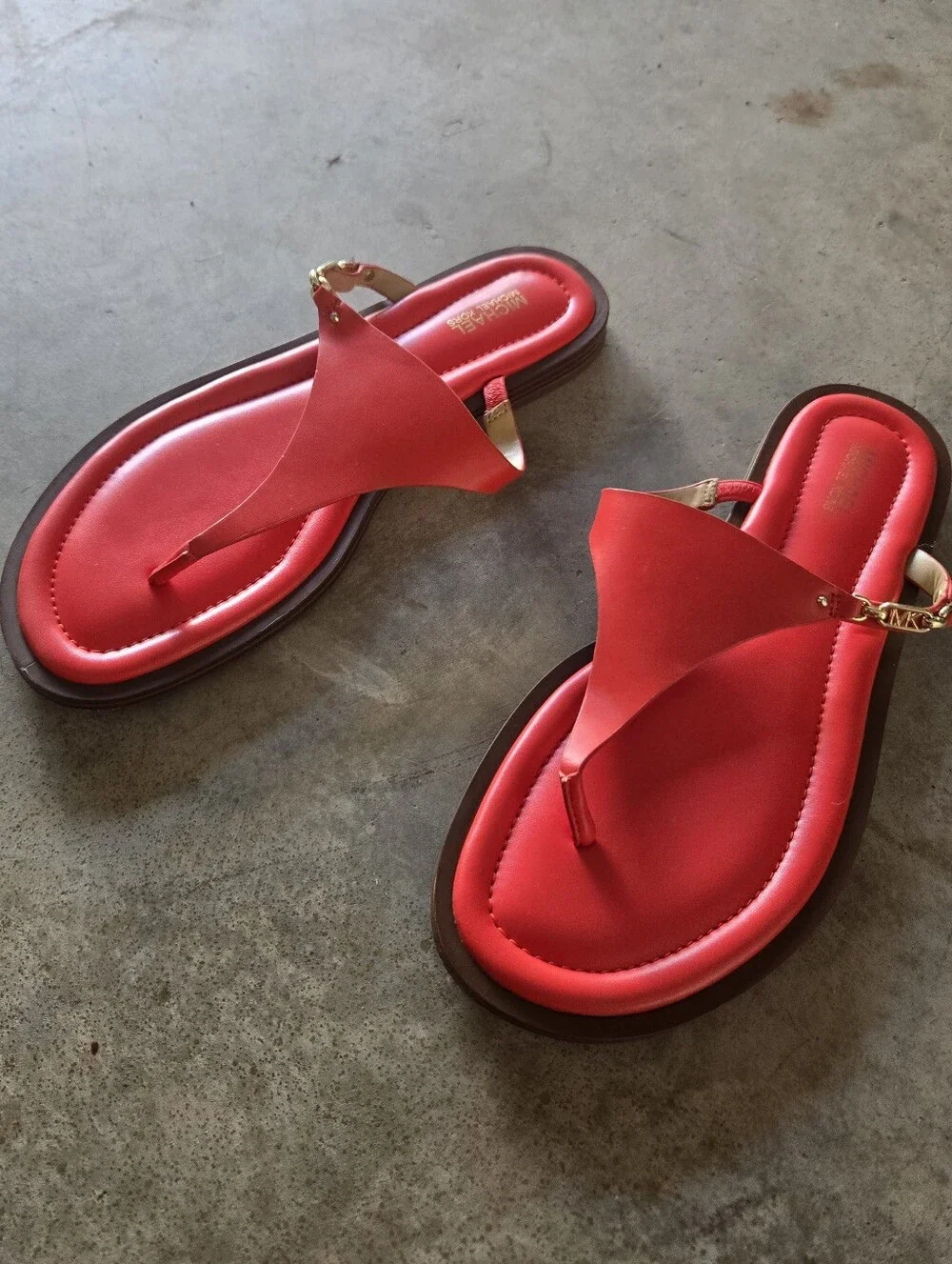 Michael Kors Red Leather Thong Sandals Gold MK Logo Size 9M